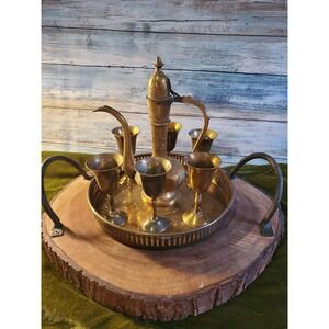 8 piece Vintage Etched Brass Turkish Coffee Set Made in India